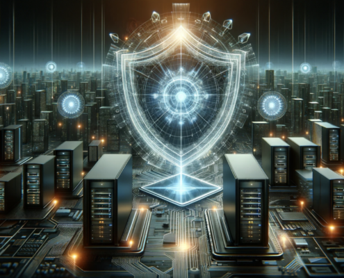Futuristic digital shield protecting network servers and infrastructure, symbolizing advanced cybersecurity for MSPs